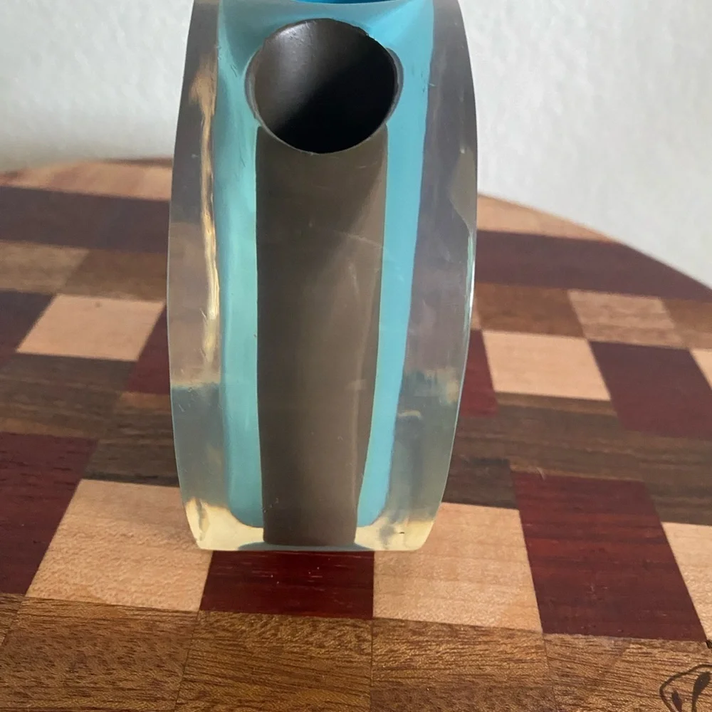 Vintage 70s Acrylic Lucite Retro Space Age Pen Holder Blue Brown Abstract Round